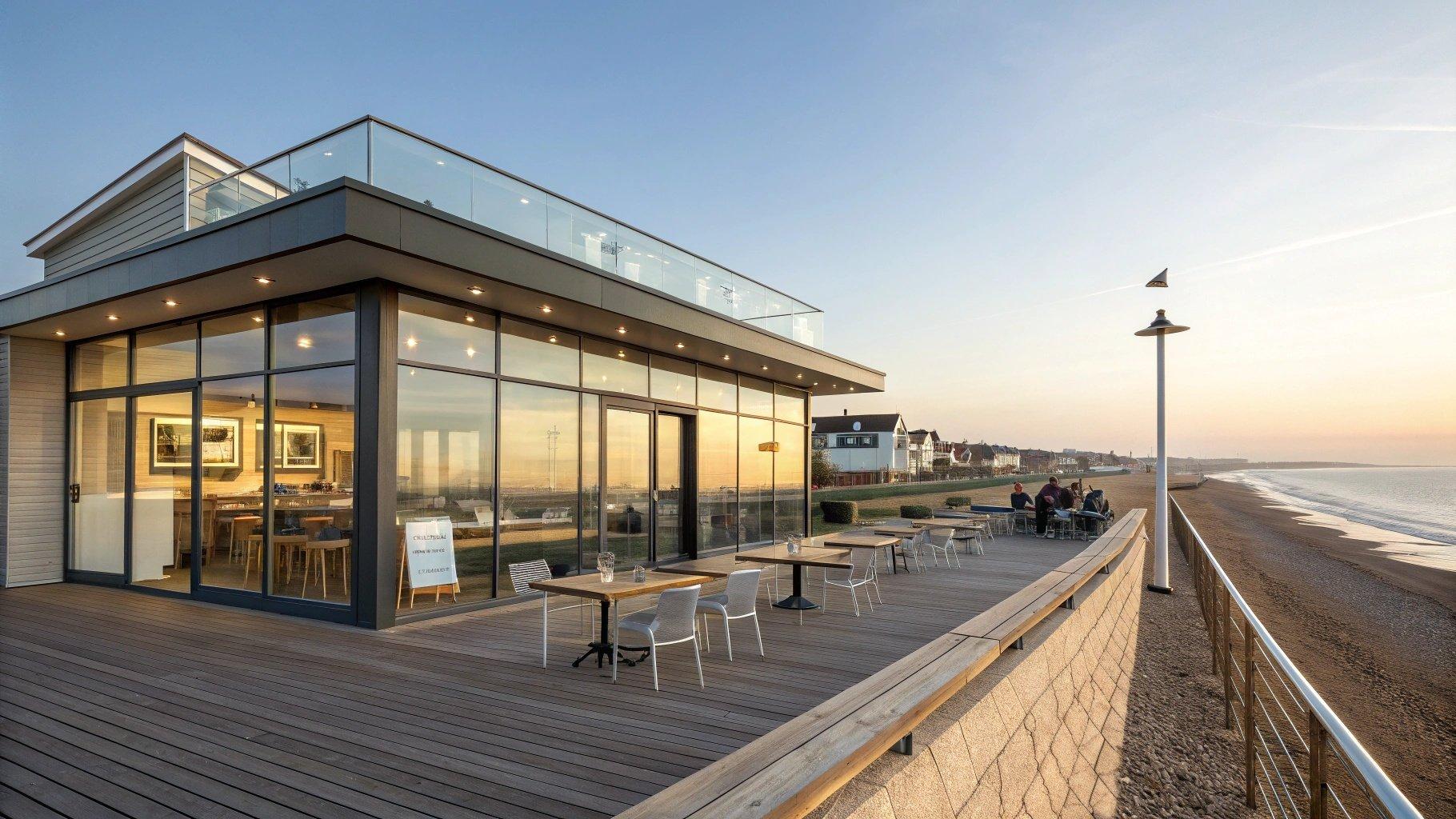 Colourful beach huts at Ferring Beach with coastal views