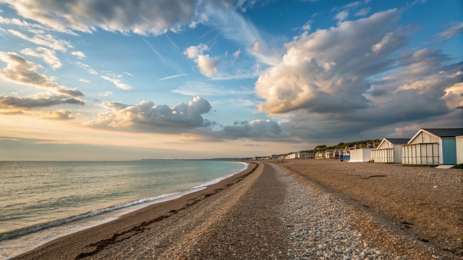 Ferring Beach West Sussex coastline with beach huts and calm waters