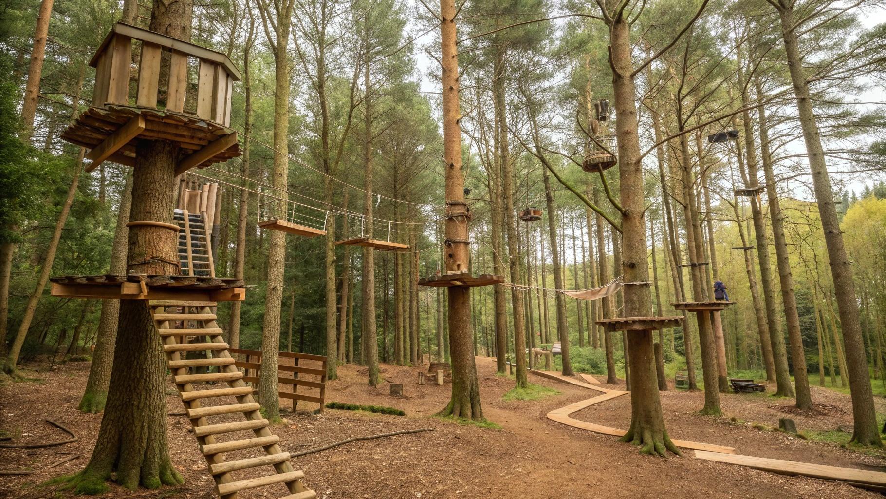 High ropes course at Hindleap Warren with children wearing safety harnesses climbing through trees