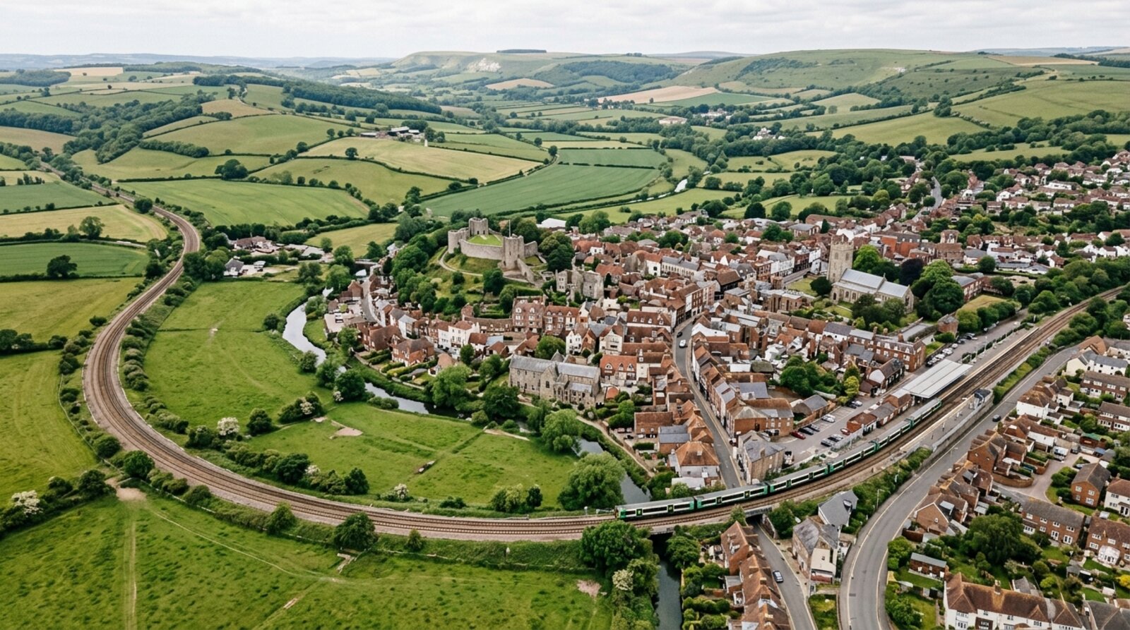 Aerial view of a Sussex market town surrounded by the green hills of the South Downs with a railway line running through