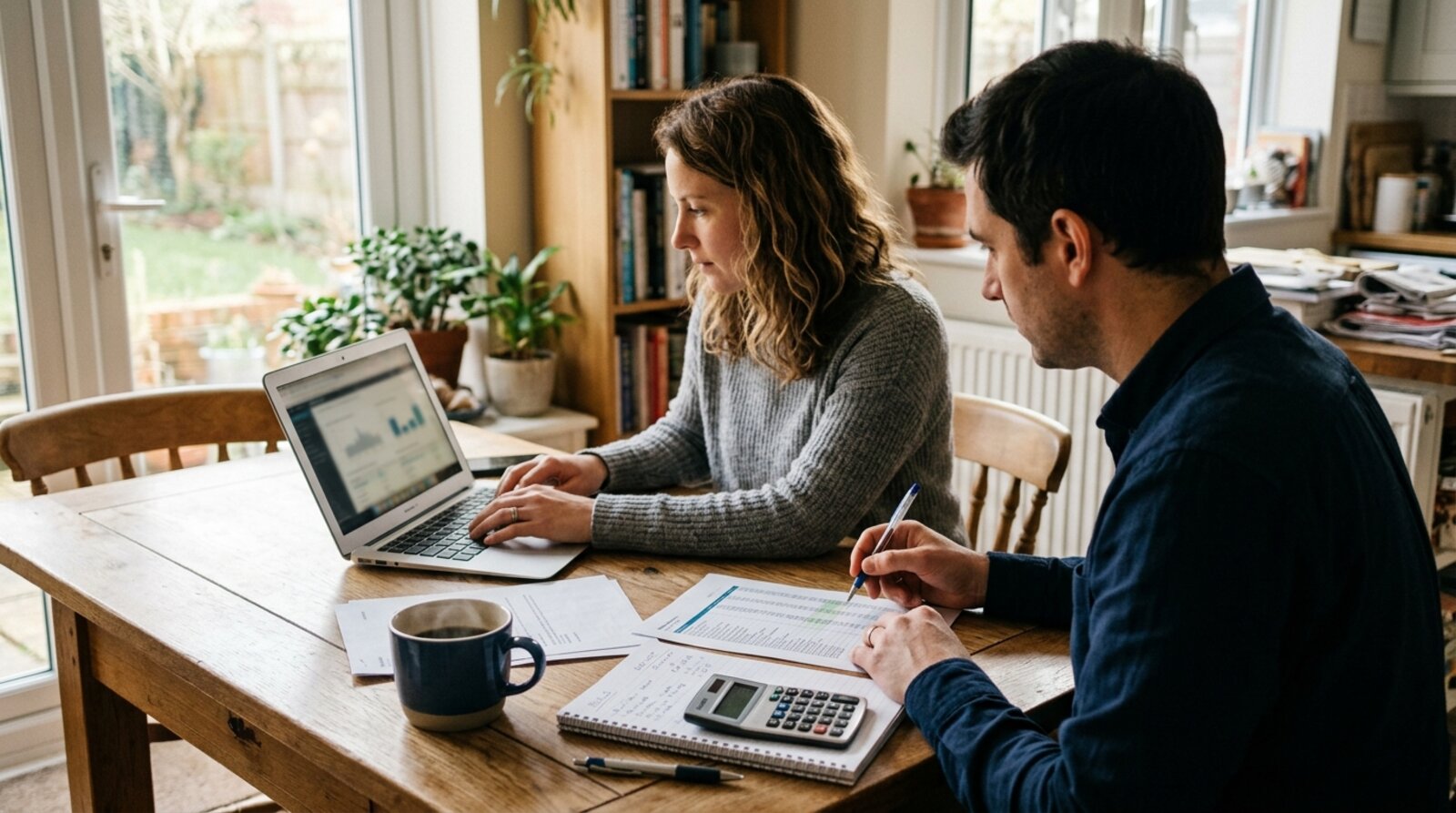 A couple at a kitchen table comparing London and Sussex household costs on a laptop and notepad