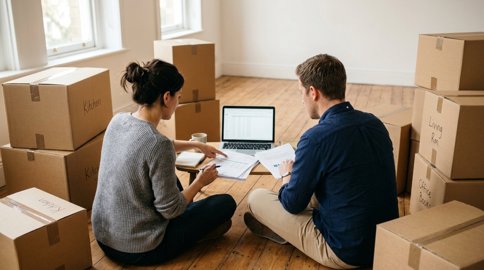 A couple sitting on the floor of an empty living room surrounded by packed moving boxes reviewing paperwork