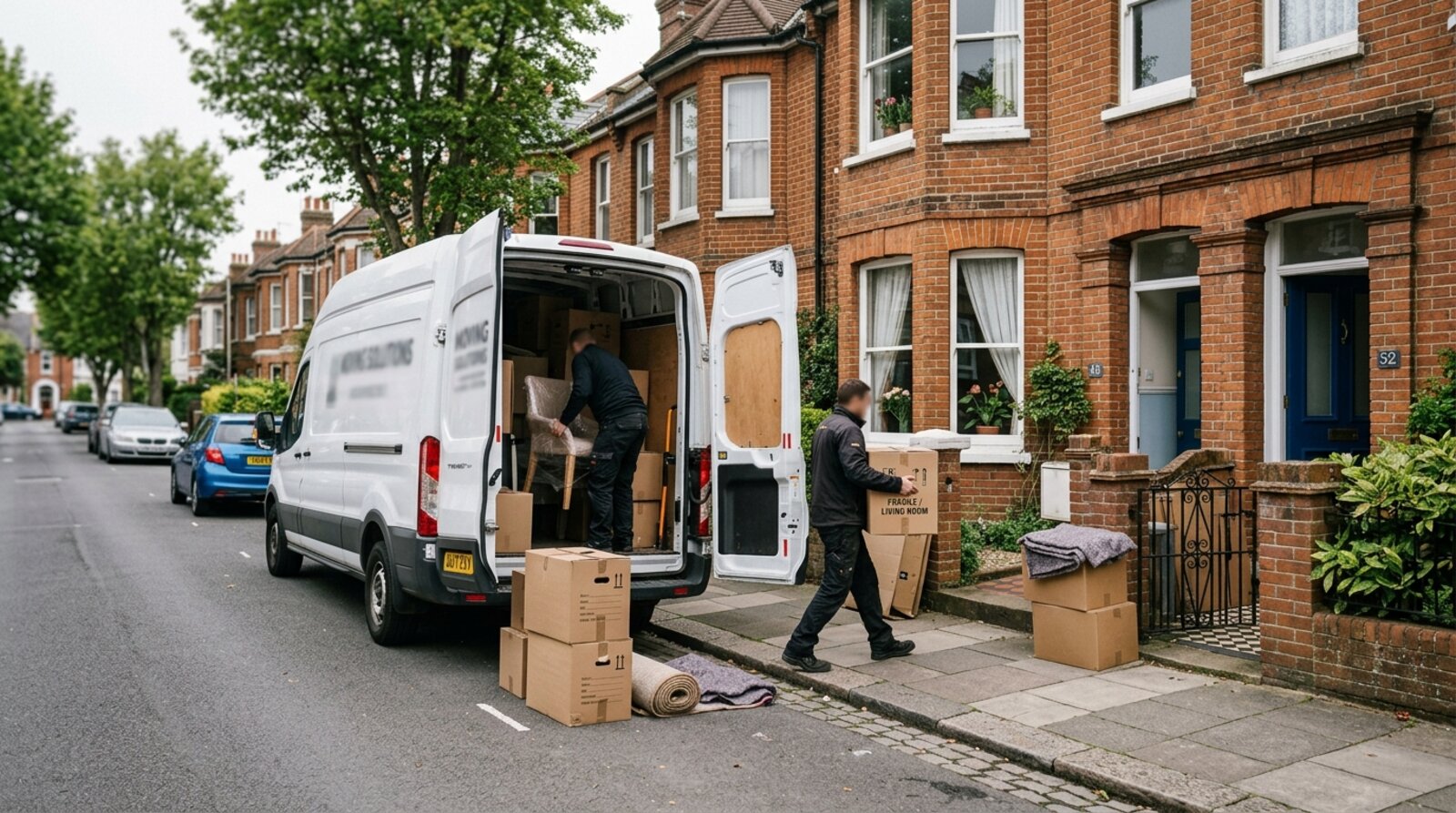 Removal van and cardboard boxes outside a terraced house on a Sussex residential street on moving day