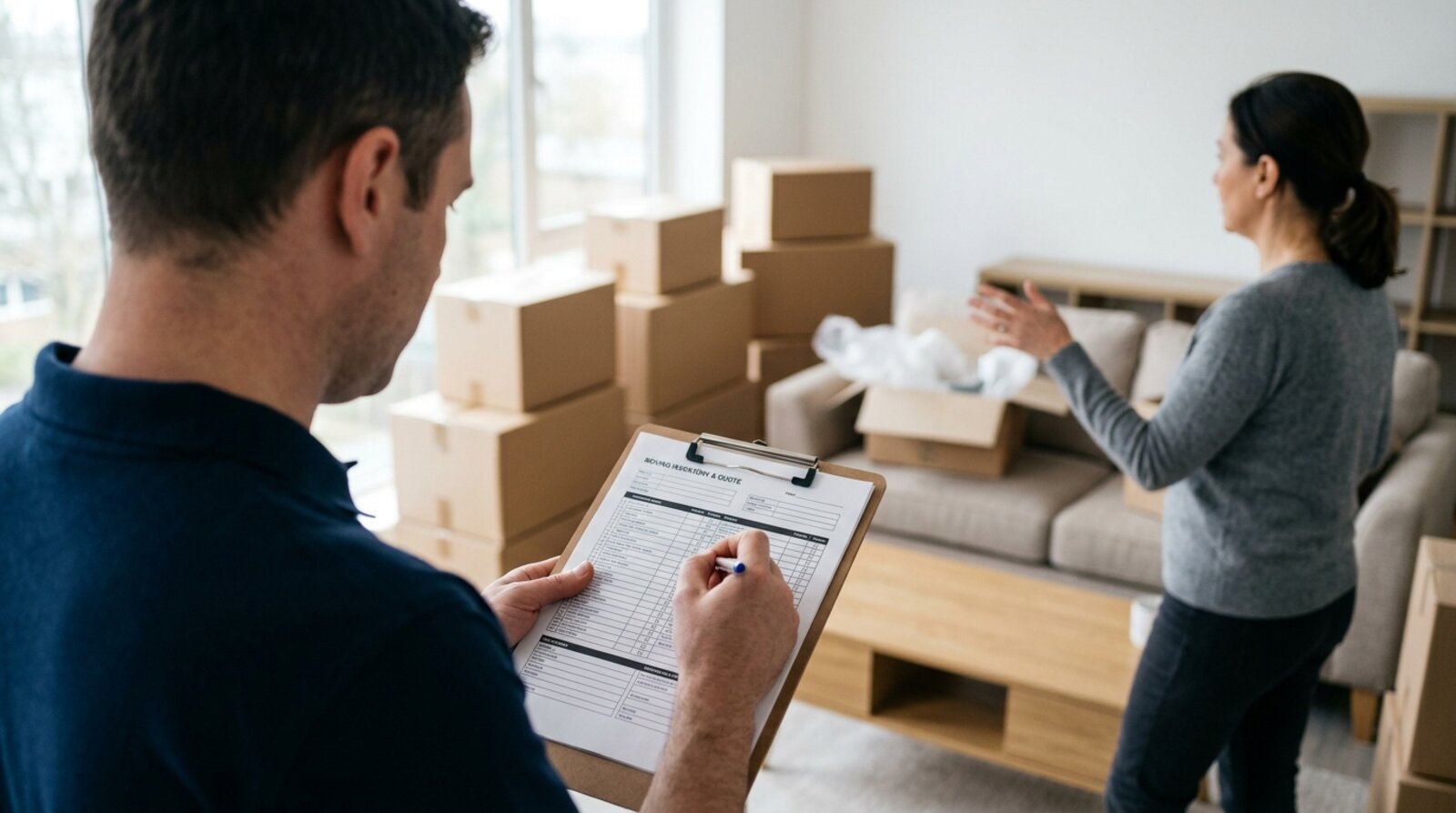 Removals surveyor reviewing a written moving quote on a clipboard with a homeowner in a Sussex living room