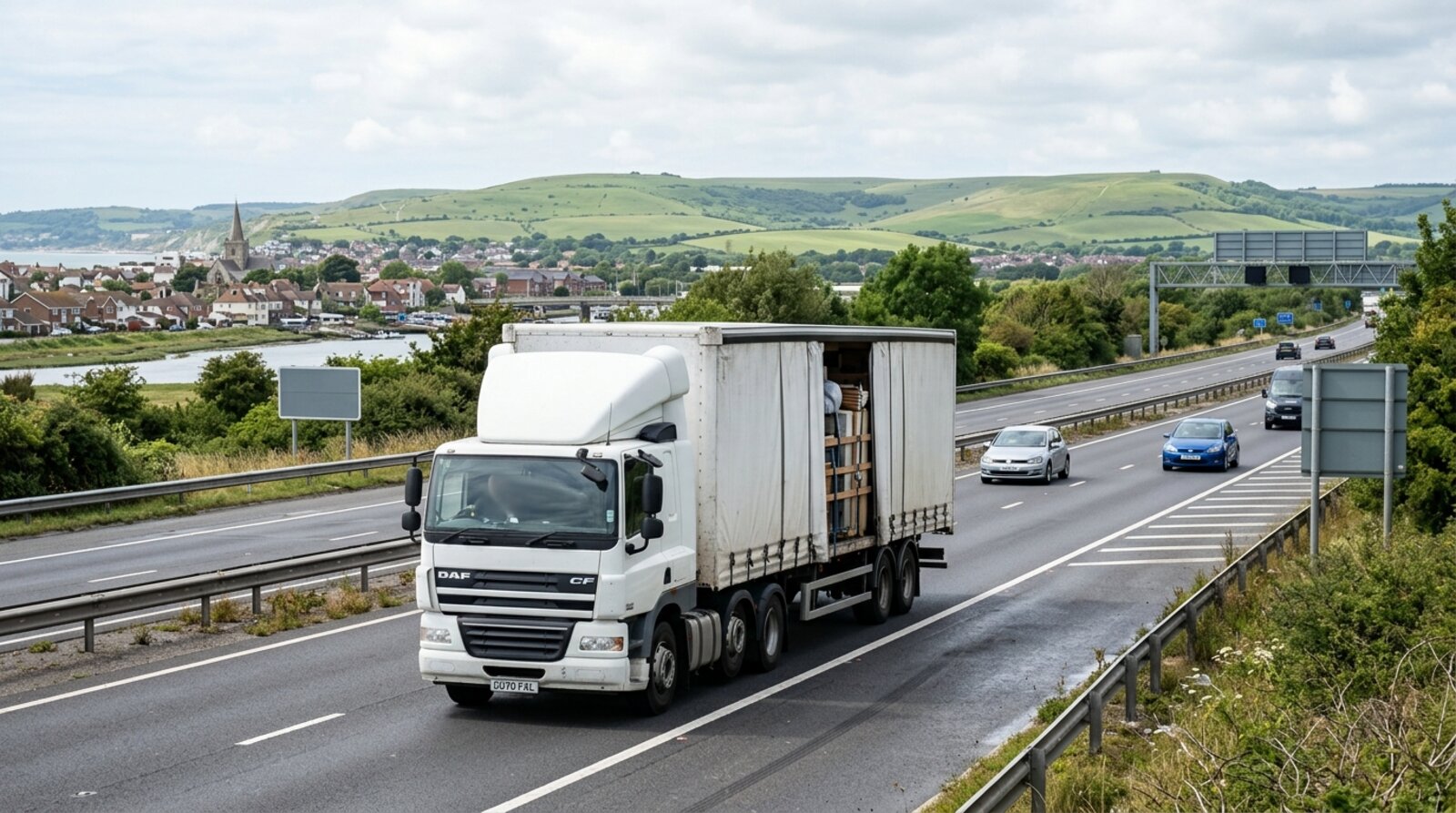 A loaded removals lorry leaving a Sussex coastal town and joining a motorway slip road on moving day