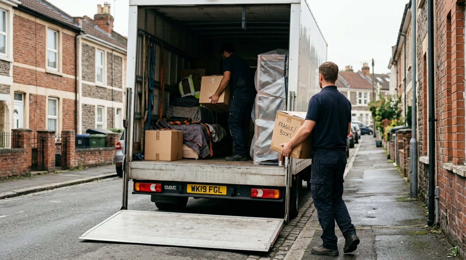 Two removals crew members loading boxes and furniture into a large lorry outside a Sussex terraced house