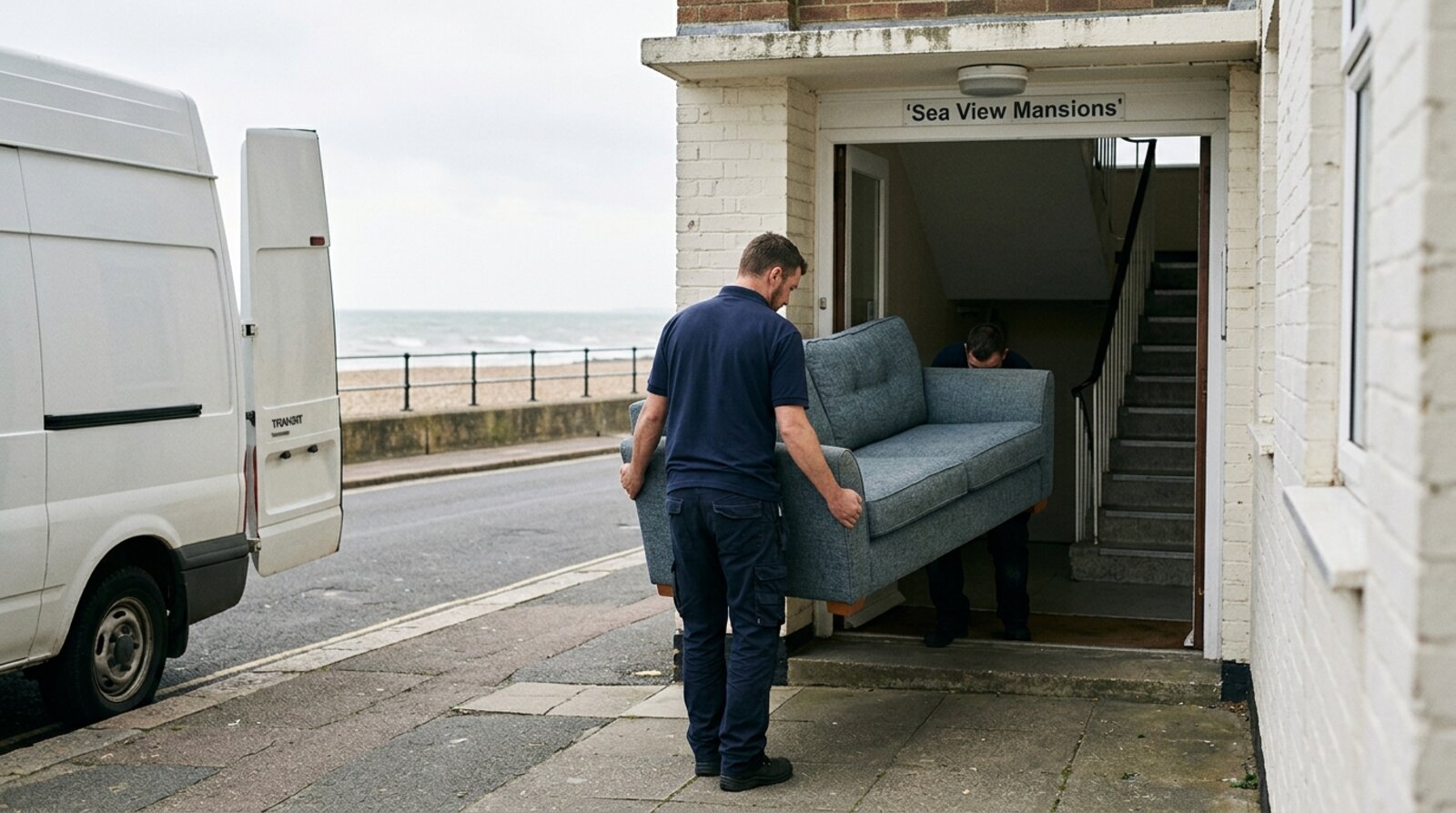 Two movers carrying a sofa from a van into a seafront flat block in Worthing with stairs and shared entrance