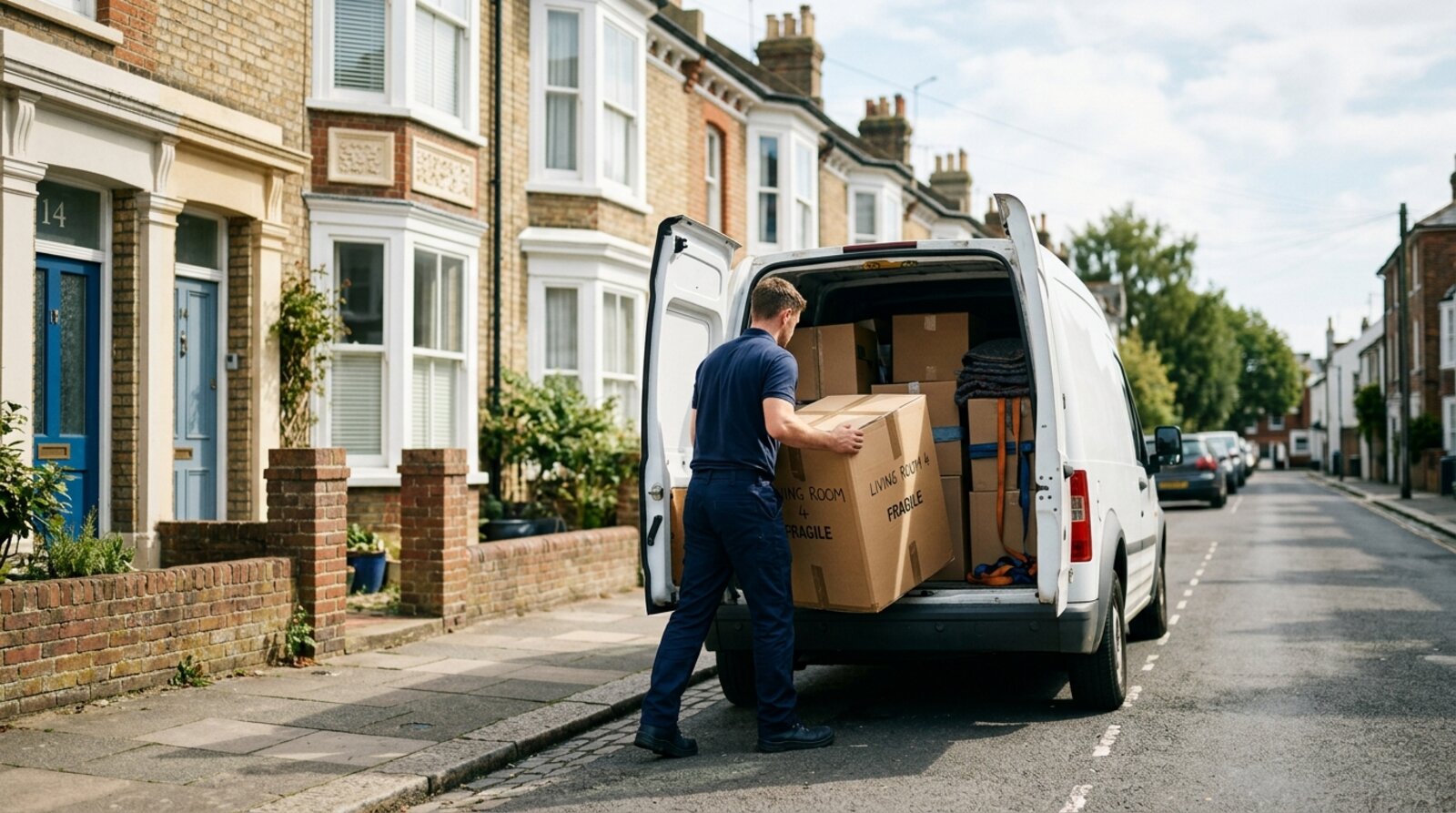 A single mover loading boxes into a small white van on a narrow Brighton terraced street on moving day