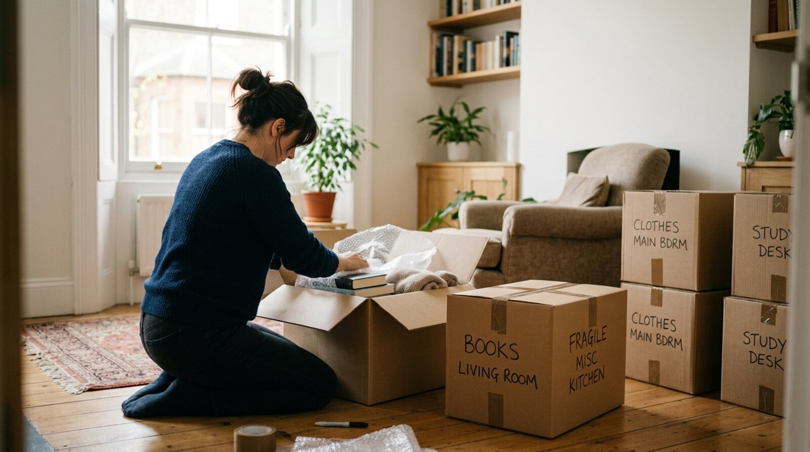 Person packing labelled cardboard moving boxes in a sunlit Sussex living room during a house move countdown