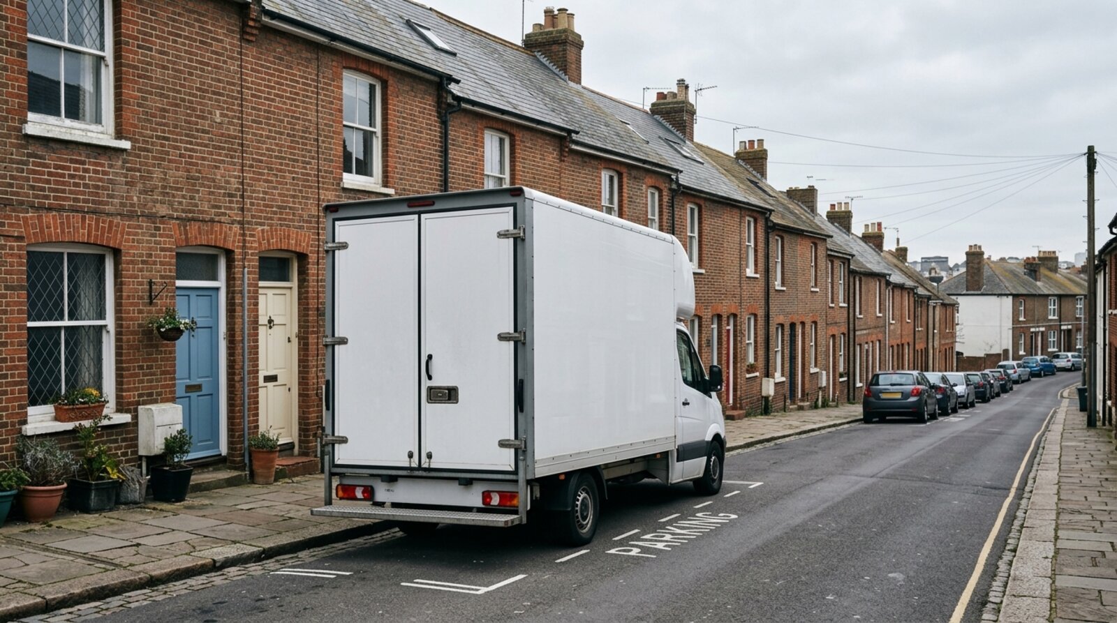 Removals van parked in a suspended parking bay on a narrow terraced street in Brighton on moving day in Sussex
