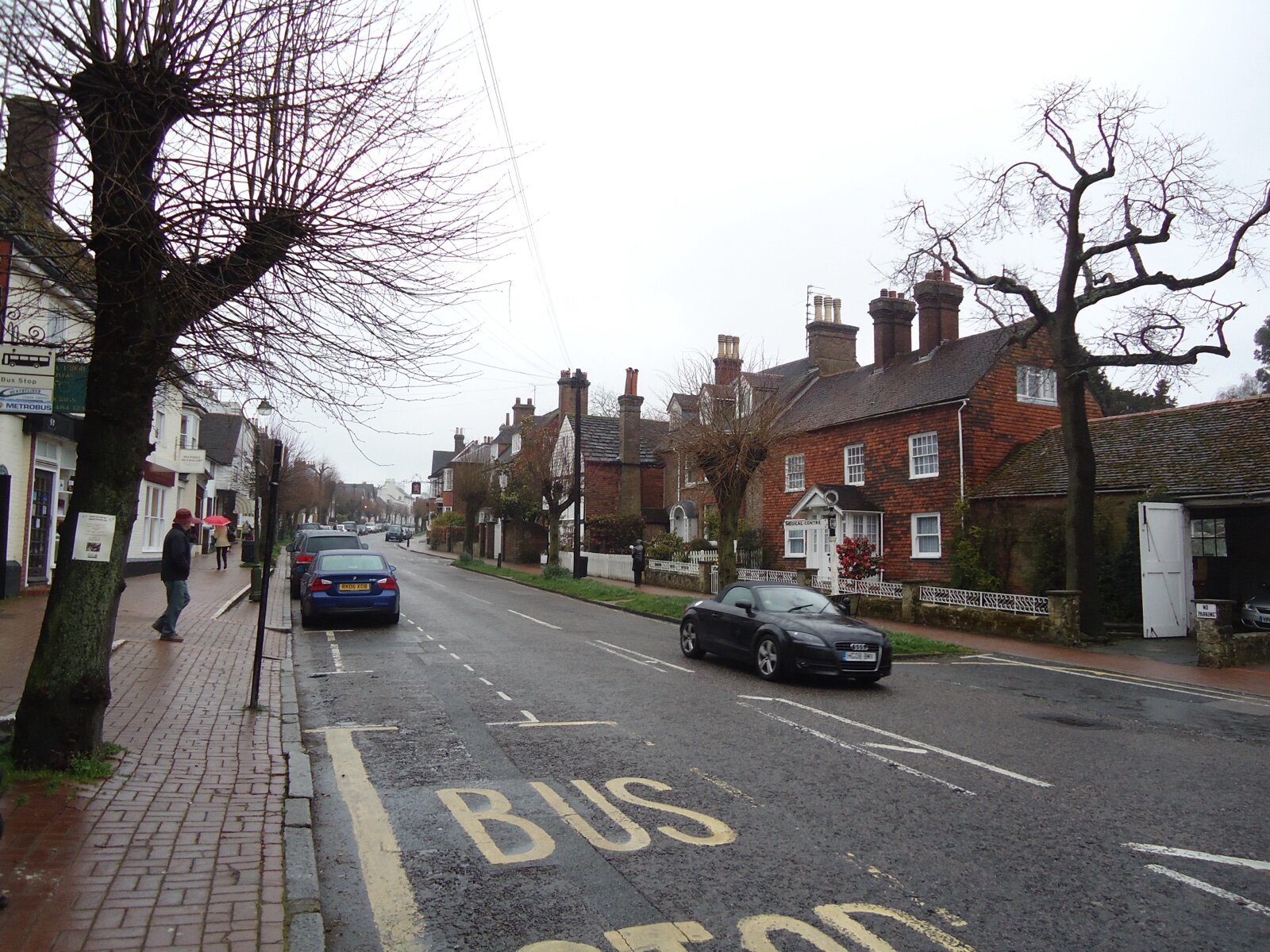 Lindfield High Street on a wet winter day, with brick and tile-hung cottages, bare lime trees and parked cars