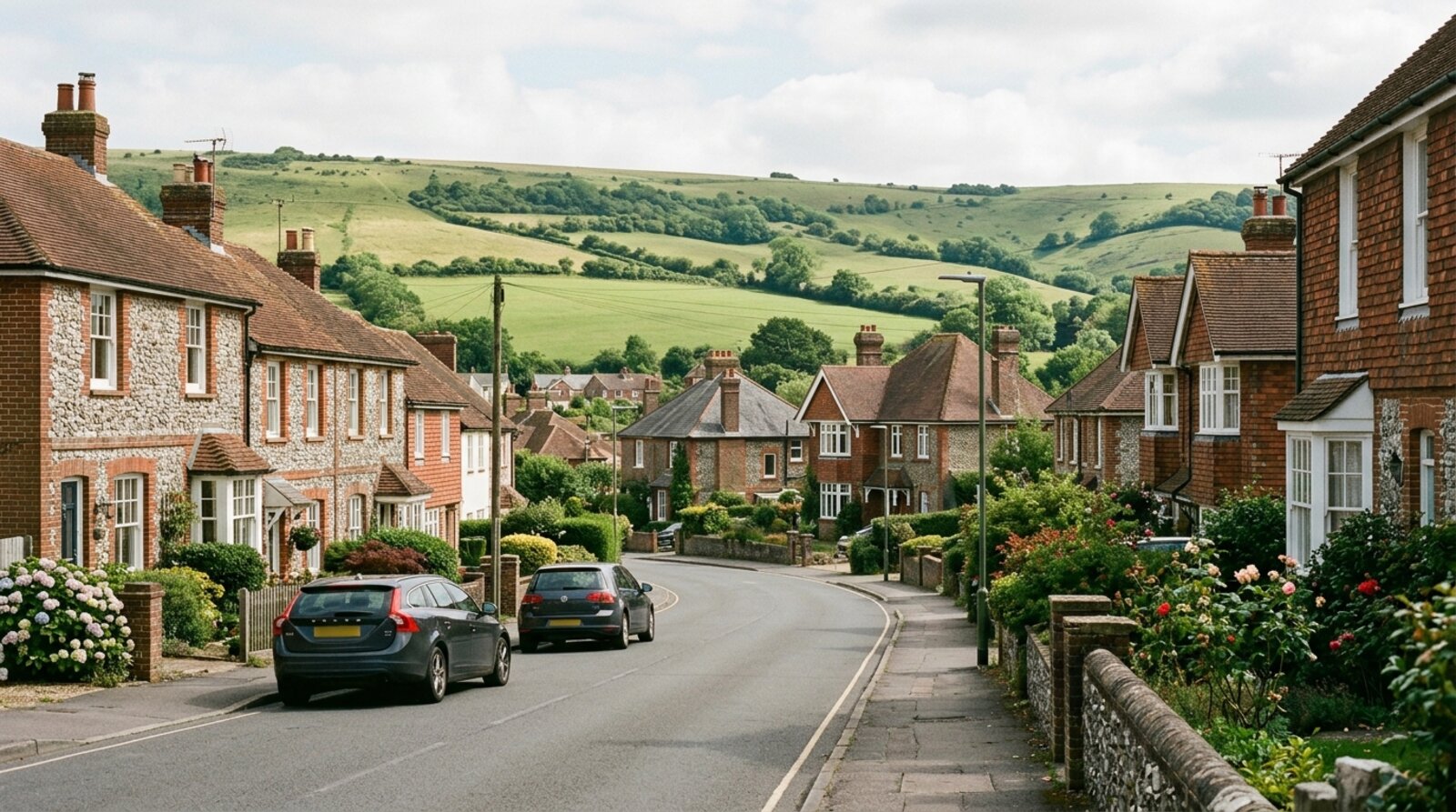 Houses in a Sussex town with the South Downs behind