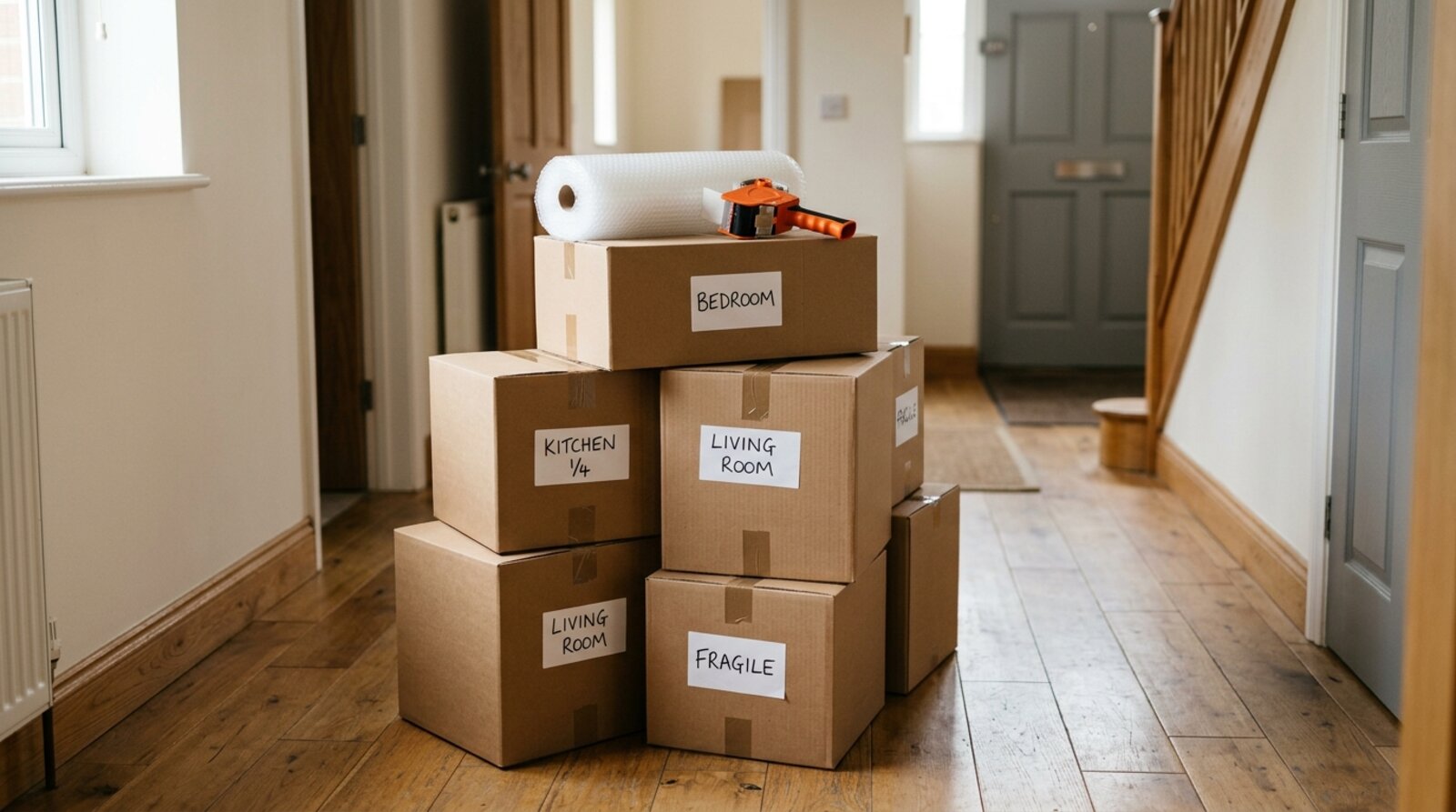 Stacked labelled cardboard moving boxes and bubble wrap in the hallway of a Sussex home ready for collection on moving day