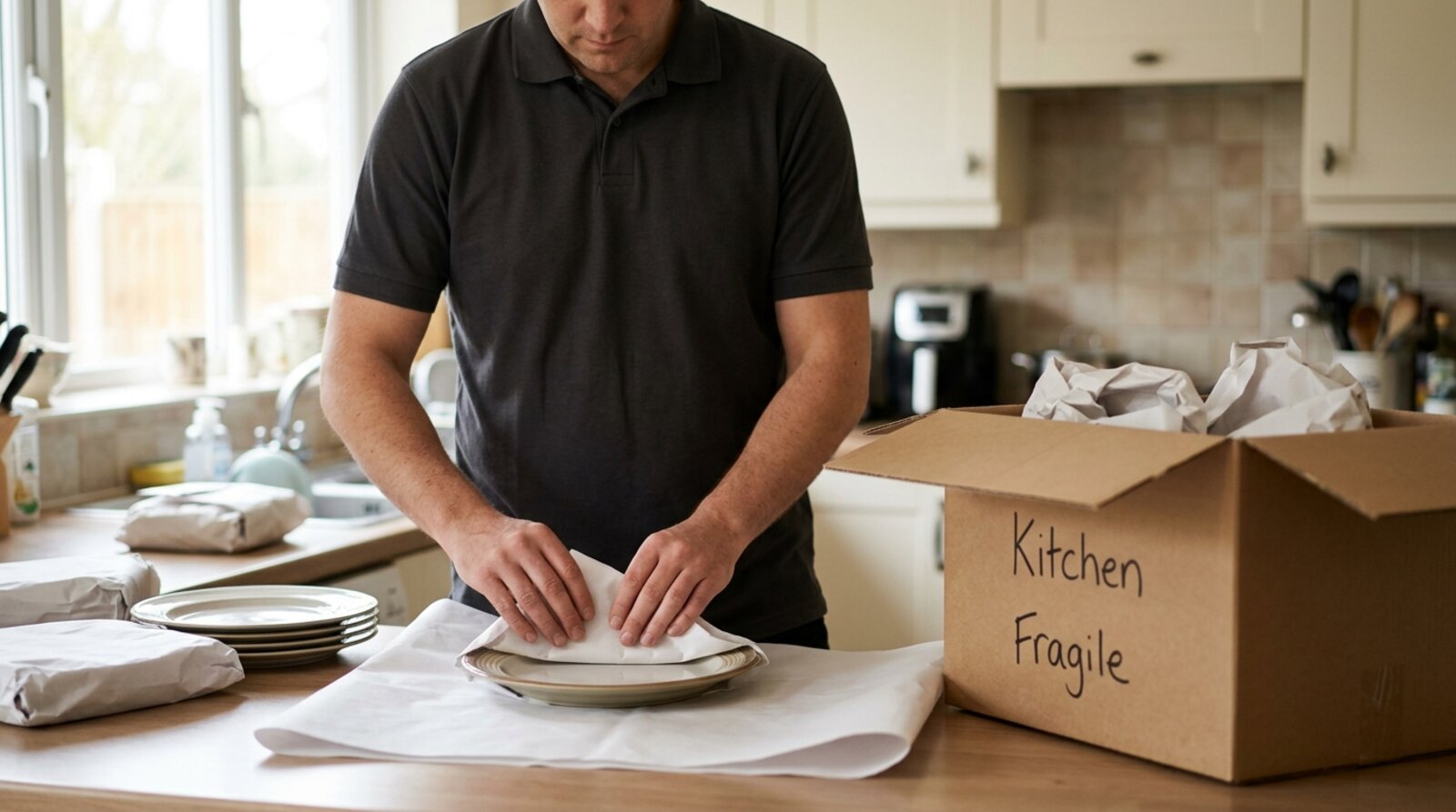 Professional removals packer wrapping crockery in paper and filling cardboard boxes in a Sussex kitchen on packing day