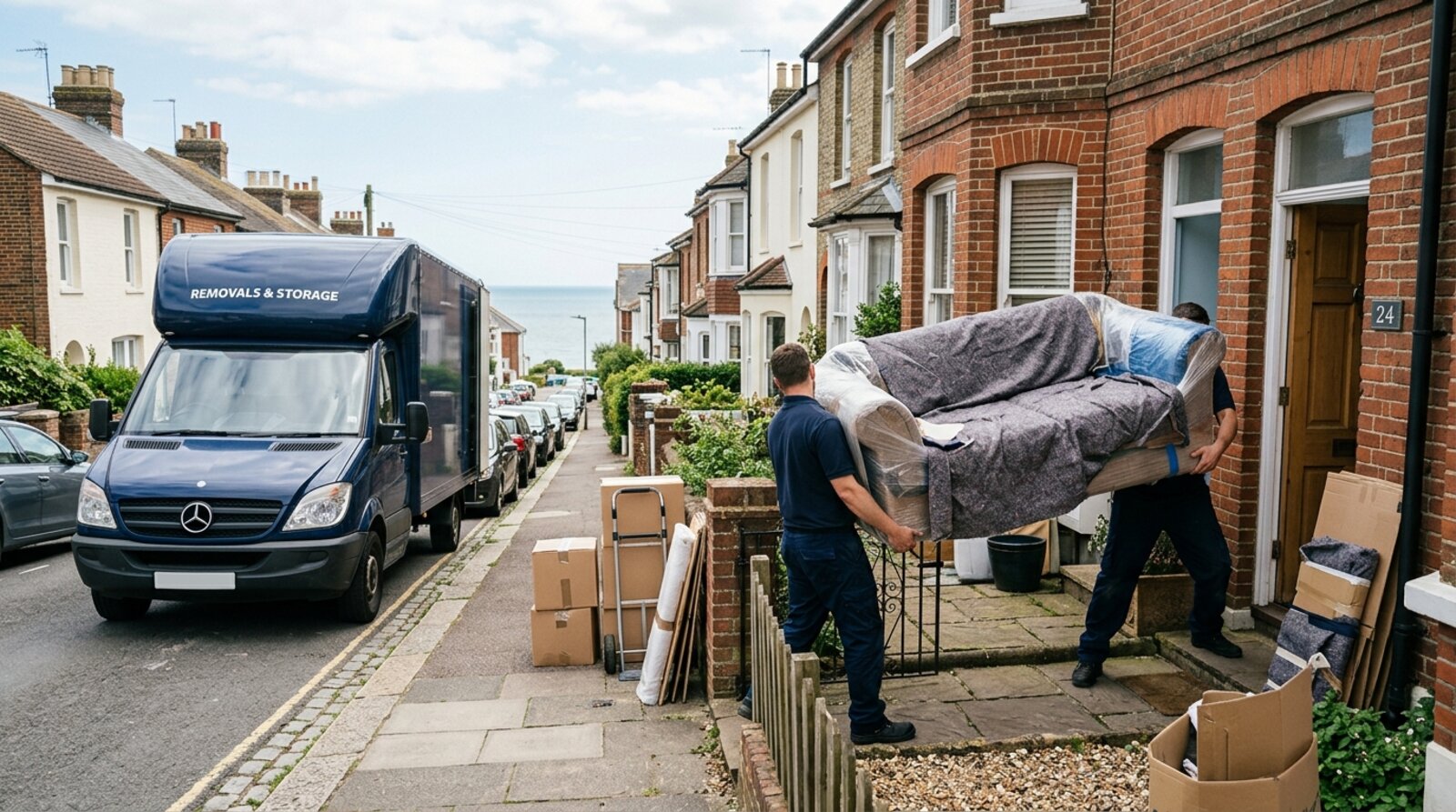 Removals crew carrying a wrapped sofa from a van into a Sussex terraced house on moving day