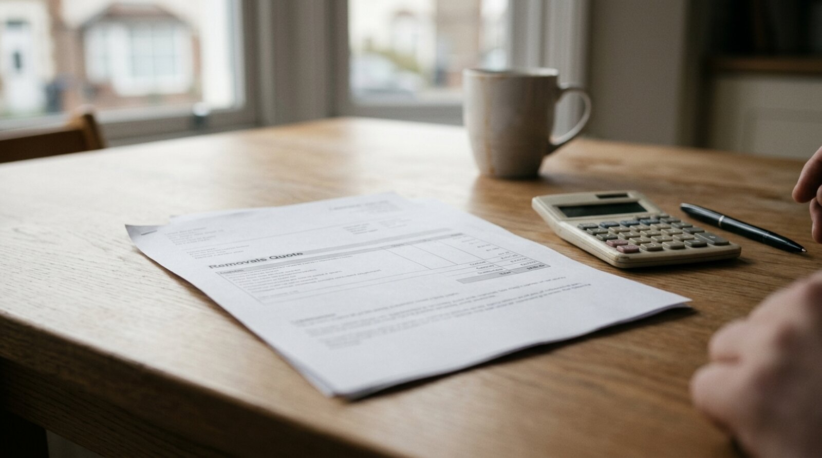 A printed removals quote on a kitchen table beside a calculator while comparing Sussex moving prices